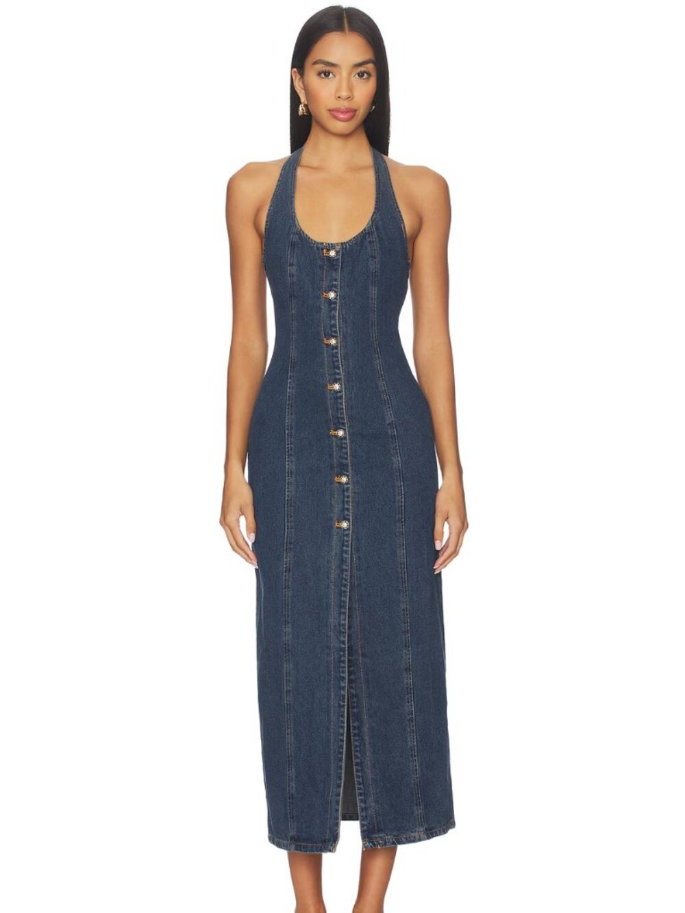 NWT LIONESS Kenny Denim Button Down Halter Maxi Dress Small - Picture 2 of 5